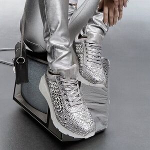 Steve Madden Carissa Corona Rhinestone Lace-Up Platform Wedge Sneakers Silver